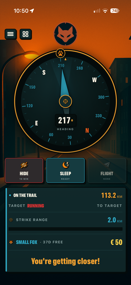 The FoxHunt compass screen, pointing toward a fox