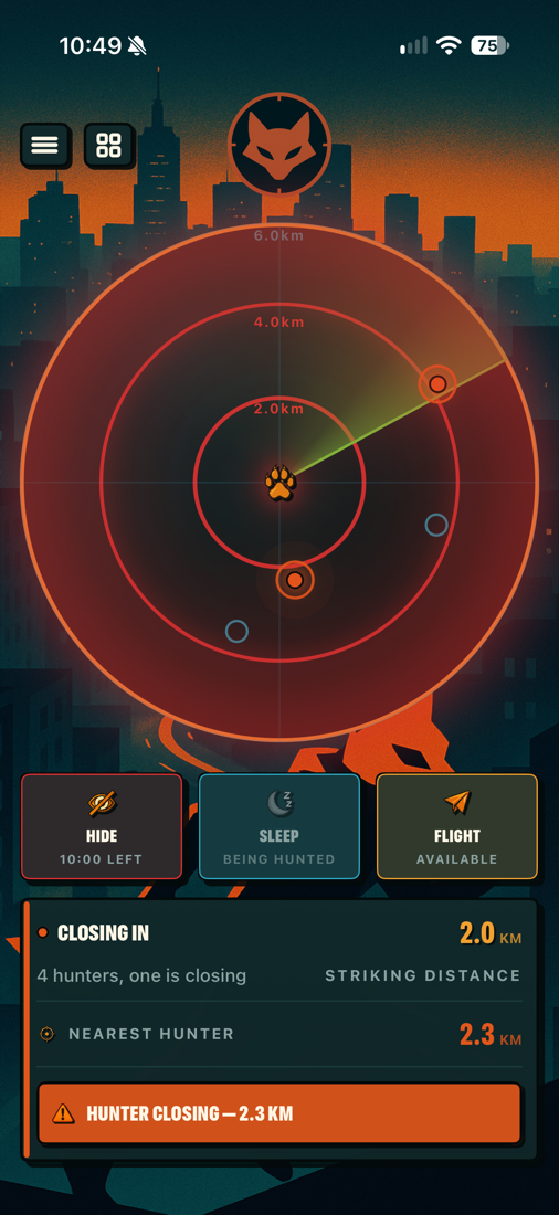 The FoxHunt radar screen, showing hunters closing in